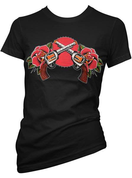 Women&#39;s &quot;Roses and Guns&quot; Tee by Pinky Star (Black) - www.inkedshop.com