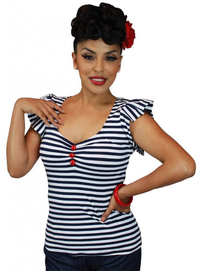Women&#39;s &quot;Ruffle&quot; Top by Pinky Pinups (Navy/White) - www.inkedshop.com