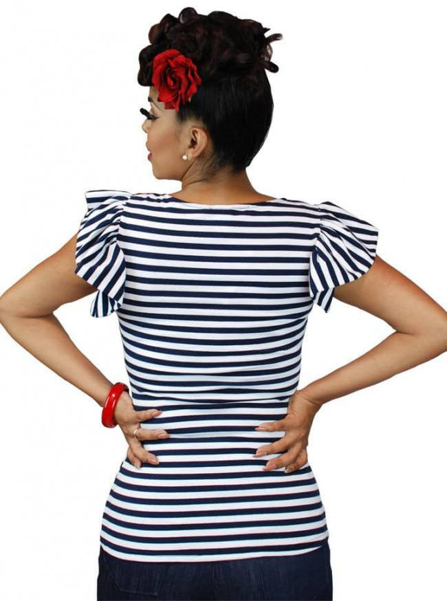 Women&#39;s &quot;Ruffle&quot; Top by Pinky Pinups (Navy/White) - www.inkedshop.com