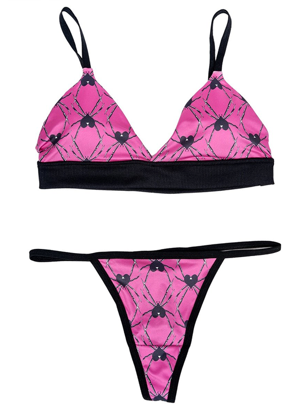 Women's Spider Hearts Pink Thong And Bra Set
