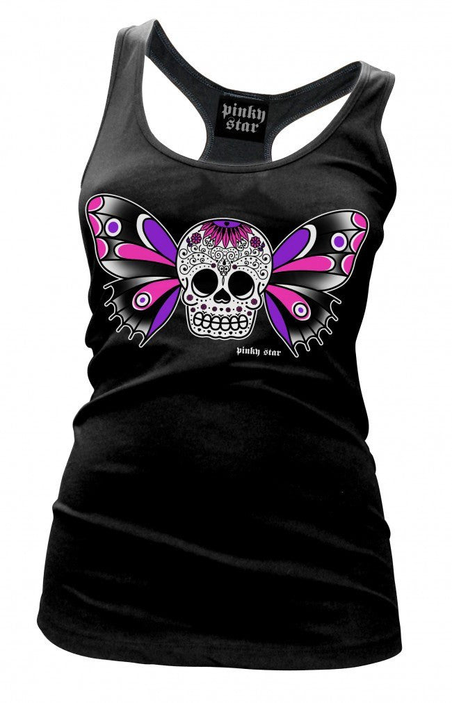 Women&#39;s &quot;Butterfly Sugar Skull Tattoo&quot; Tank by Pinky Star (Black) - InkedShop - 1