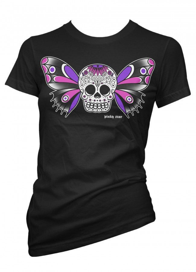 Women&#39;s &quot;Butterfly Sugar Skull Tattoo&quot; Tee by Pinky Star (Black) - InkedShop - 2