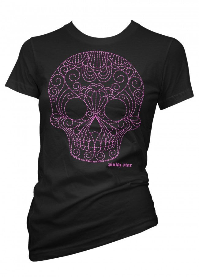 Women&#39;s &quot;Quilted Pinstriped Pink Skull&quot; Tee by Pinky Star (Black) - InkedShop - 2