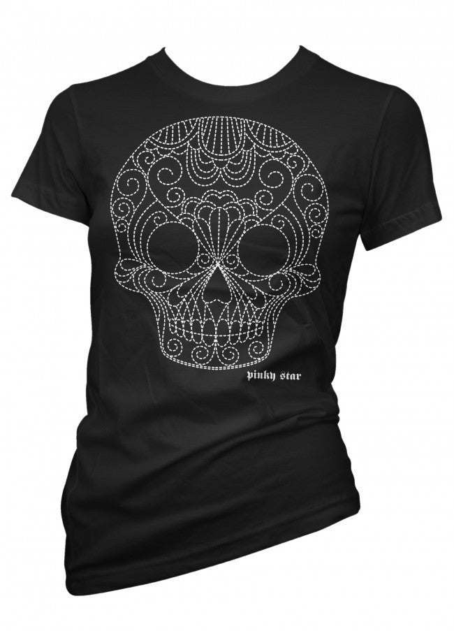 Women&#39;s &quot;Quilted Pinstriped White Skull&quot; Tee by Pinky Star (Black) - InkedShop - 2