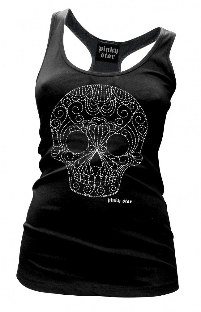 Women&#39;s &quot;Quilted Pinstriped Skull&quot; Tank by Pinky Star (White) - InkedShop - 1