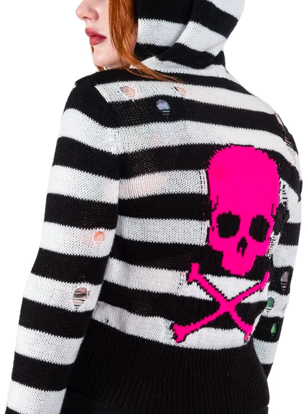 Women&#39;s Skull Striped Zip Up Sweater