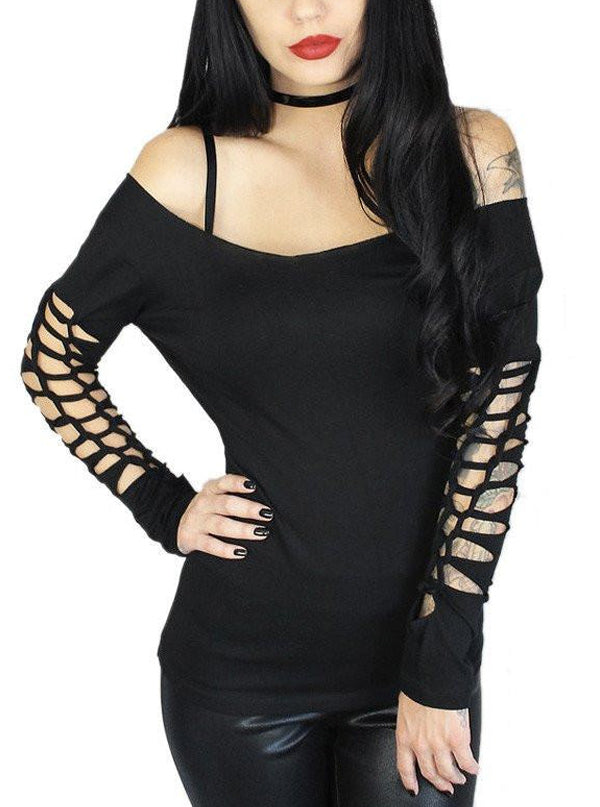 Women&#39;s Slashed Boat Neck Long Sleeve Cut Out Tee