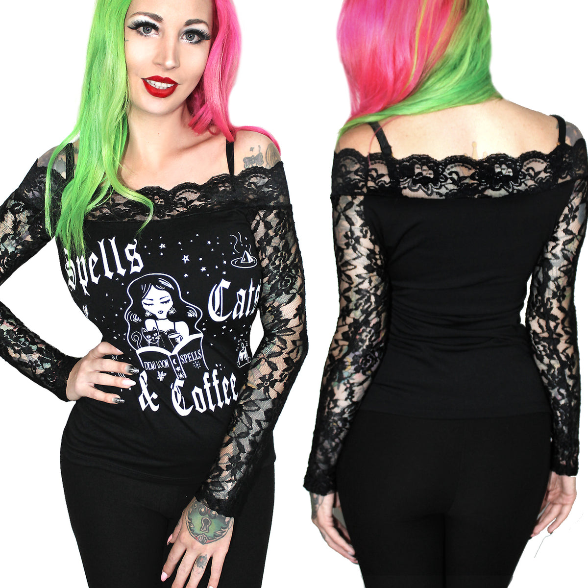 Women&#39;s Spells Cats &amp; Coffee Lace Off Shoulder Tee