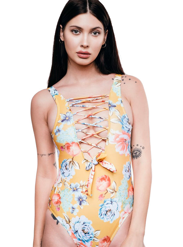 Women&#39;s Here Comes The Sun Floral Lace Up One Piece Swimsuit