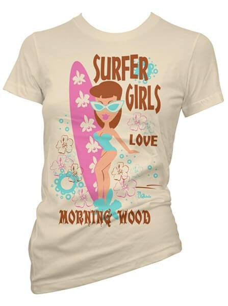 Women&#39;s &quot;Surfer Girls Love Morning Wood&quot; Tee by Pinky Star (Tan) - www.inkedshop.com