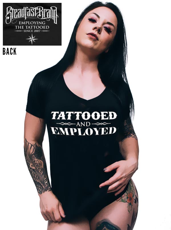 Women&#39;s Tattooed And Employed V-Neck Tee