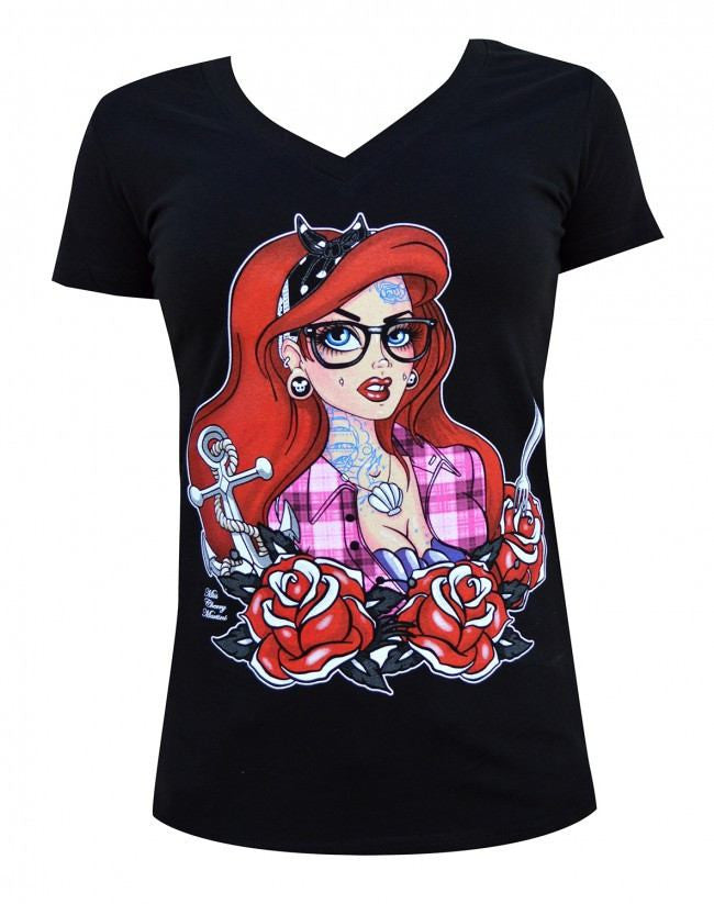 Women&#39;s &quot;Tattooed Mermaid&quot; V-Neck Tee by Lowbrow (Black) - InkedShop - 1