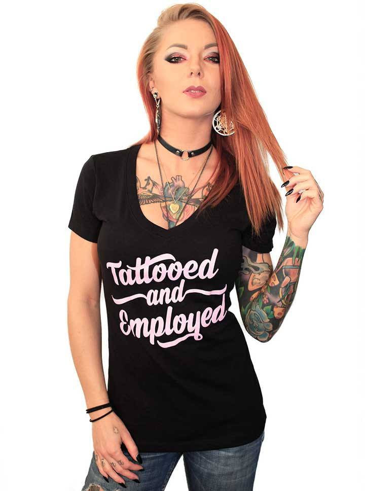 Women&#39;s Tattooed And Employed Script V-neck Tee