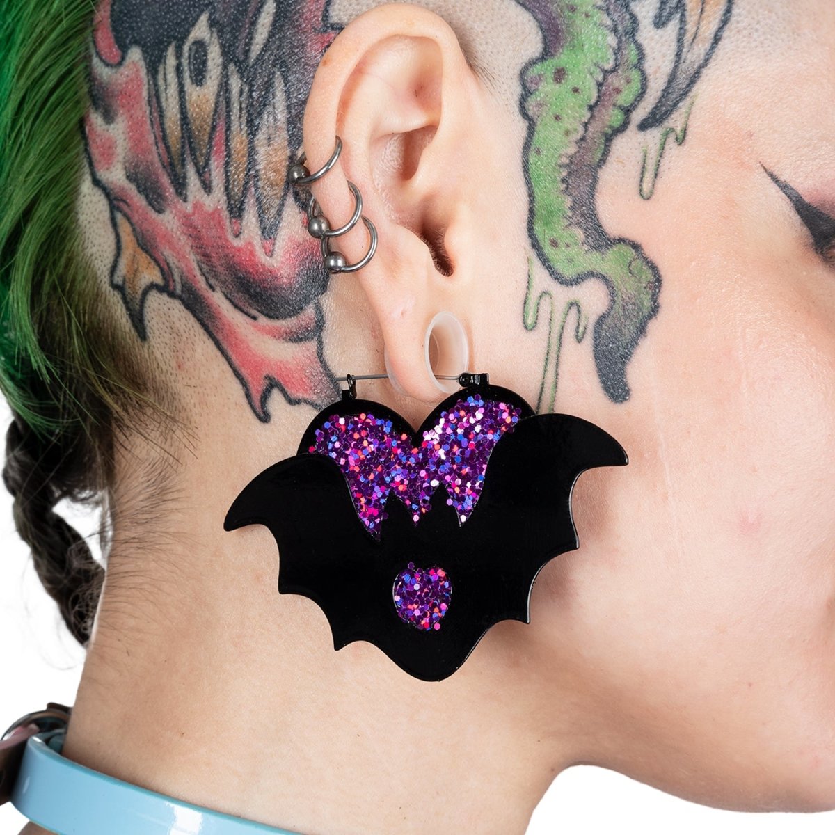 Purple Heart Bat Hoop Earrings