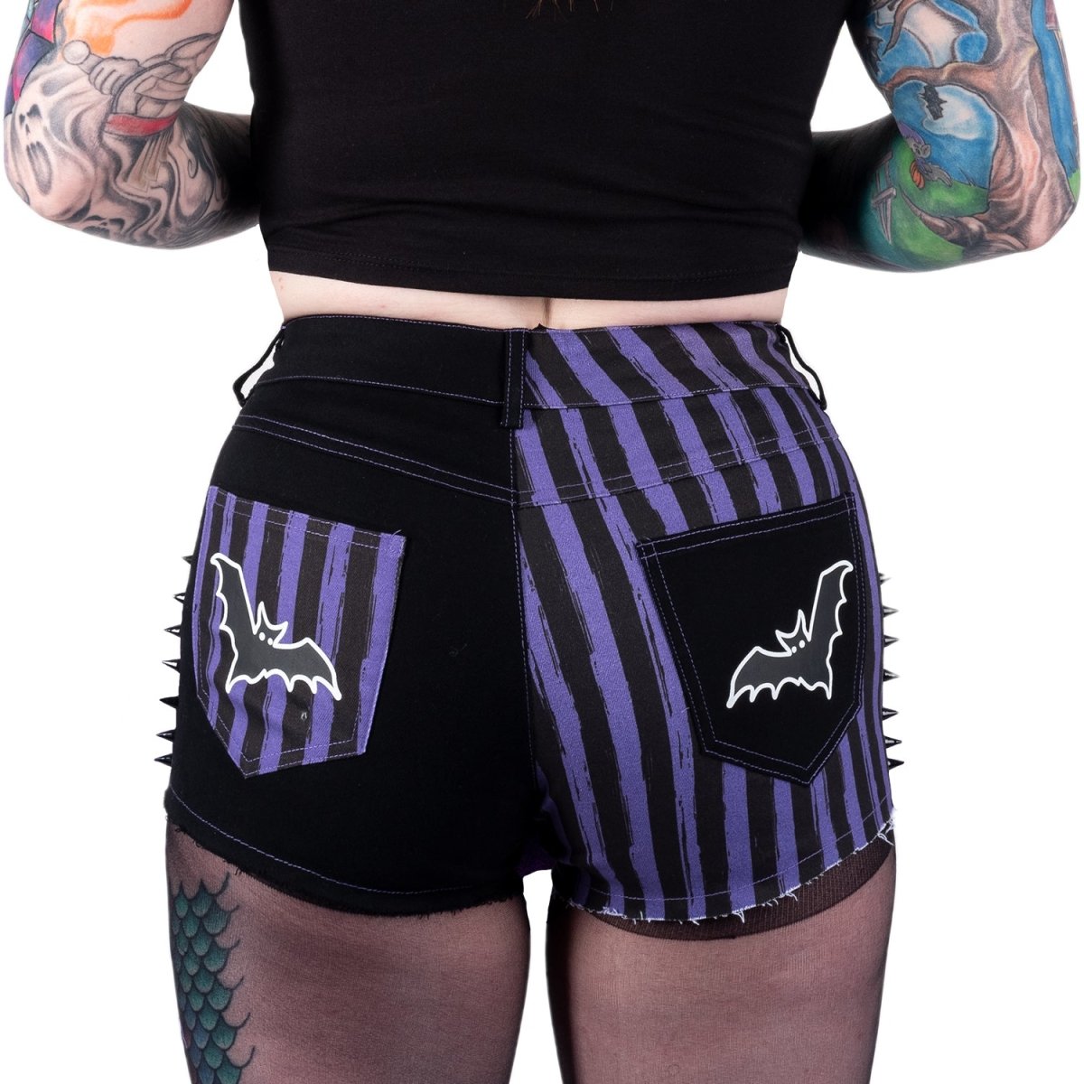 Women&#39;s Striped Bat Studded Stretch Denim Shorts
