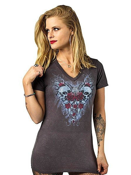 Women&#39;s &quot;Twin Skull&quot; Burnout Tee by Lethal Angel (Grey) - www.inkedshop.com