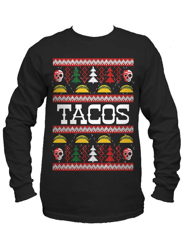 Men&#39;s &quot;Tacos&quot; Ugly Christmas Sweater Long Sleeve Tee by Cartel Ink (Black) - www.inkedshop.com