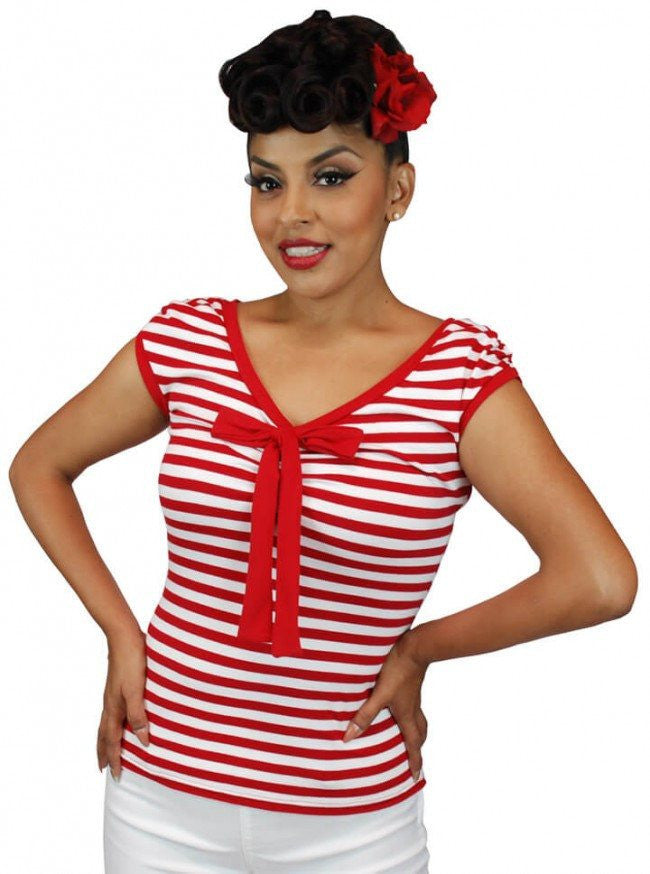 Women&#39;s &quot;French&quot; V Cut Top by Pinky Pinups (Red/White) - www.inkedshop.com