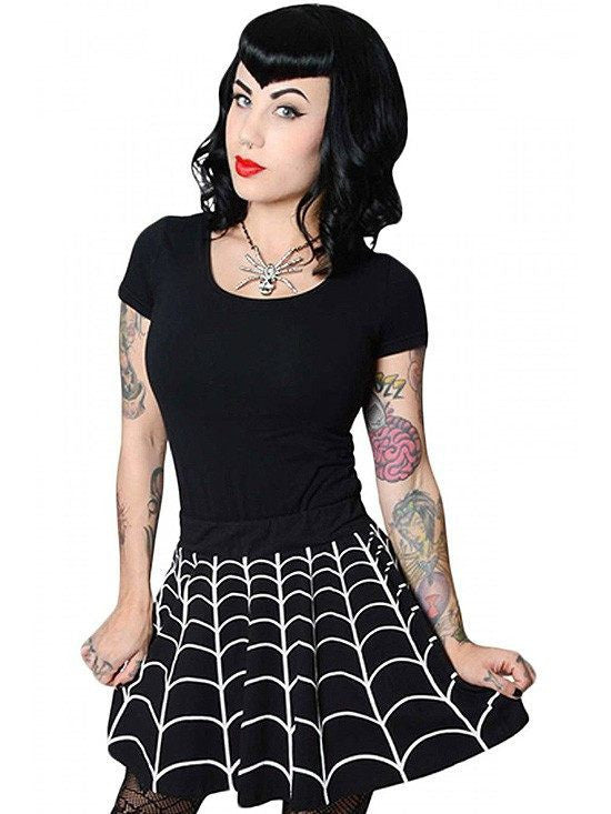 Women&#39;s &quot;Web&quot; Skater Skirt by Kreepsville 666 (Black/White) - www.inkedshop.com