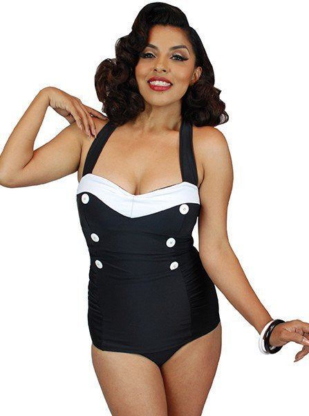 Women&#39;s &quot;V-Cut Halter Style&quot; One Piece Swimsuit by Pinky Pinups (Black/White) - www.inkedshop.com