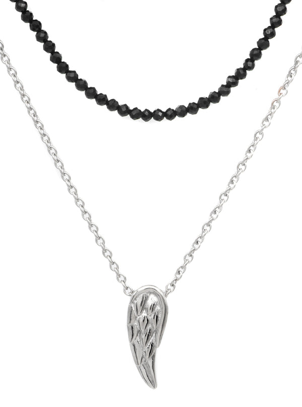 Black Spinel Steel Wing Double Chain Necklace